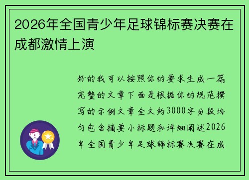2026年全国青少年足球锦标赛决赛在成都激情上演