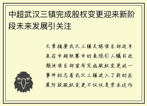 中超武汉三镇完成股权变更迎来新阶段未来发展引关注